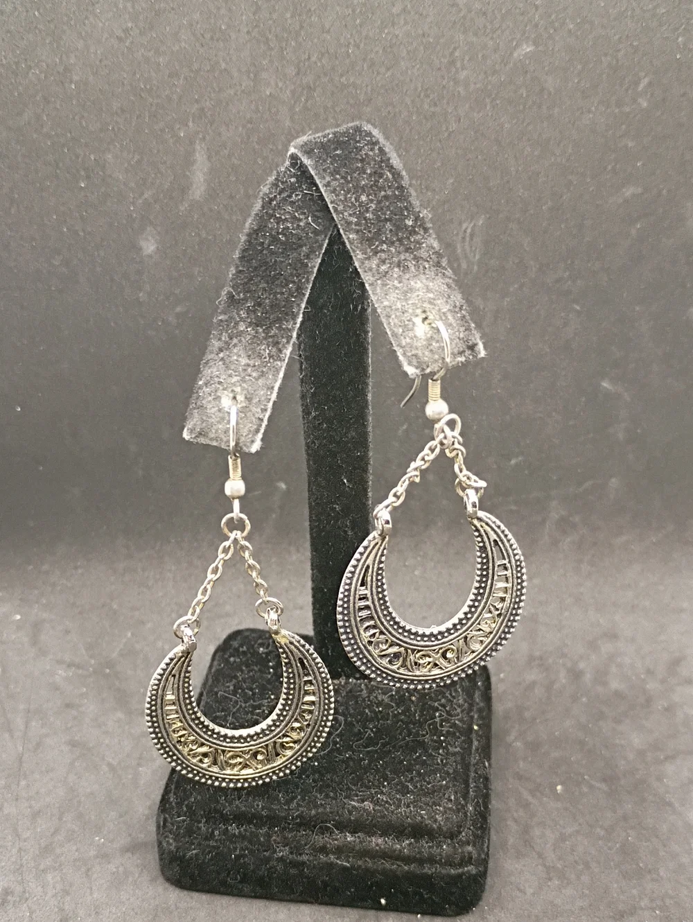 Ornate Silver-Tone Crescent Dangle Earrings